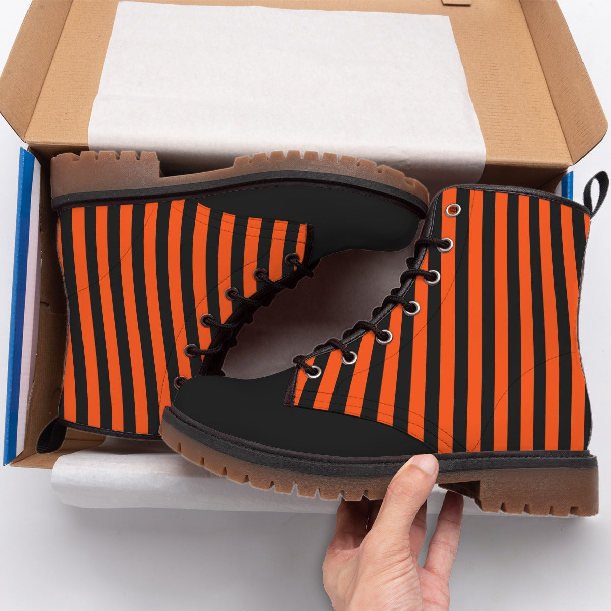 Pumpkin Stripe Combat Boots Professional Clown Shoes Whimsigoth Gothic Striped Orange And Black Boot