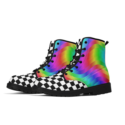 Rainbow Checkers Combat Boots Nonbinary Clowncore Adult Professional Clown Shoes Festival Footwear Circus Theme Alt Clothing Visual Decora