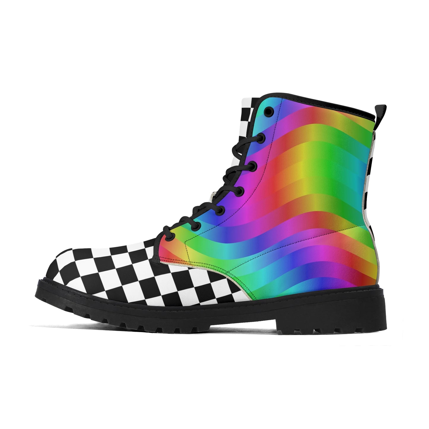 Rainbow Checkers Combat Boots Nonbinary Clowncore Adult Professional Clown Shoes Festival Footwear Circus Theme Alt Clothing Visual Decora