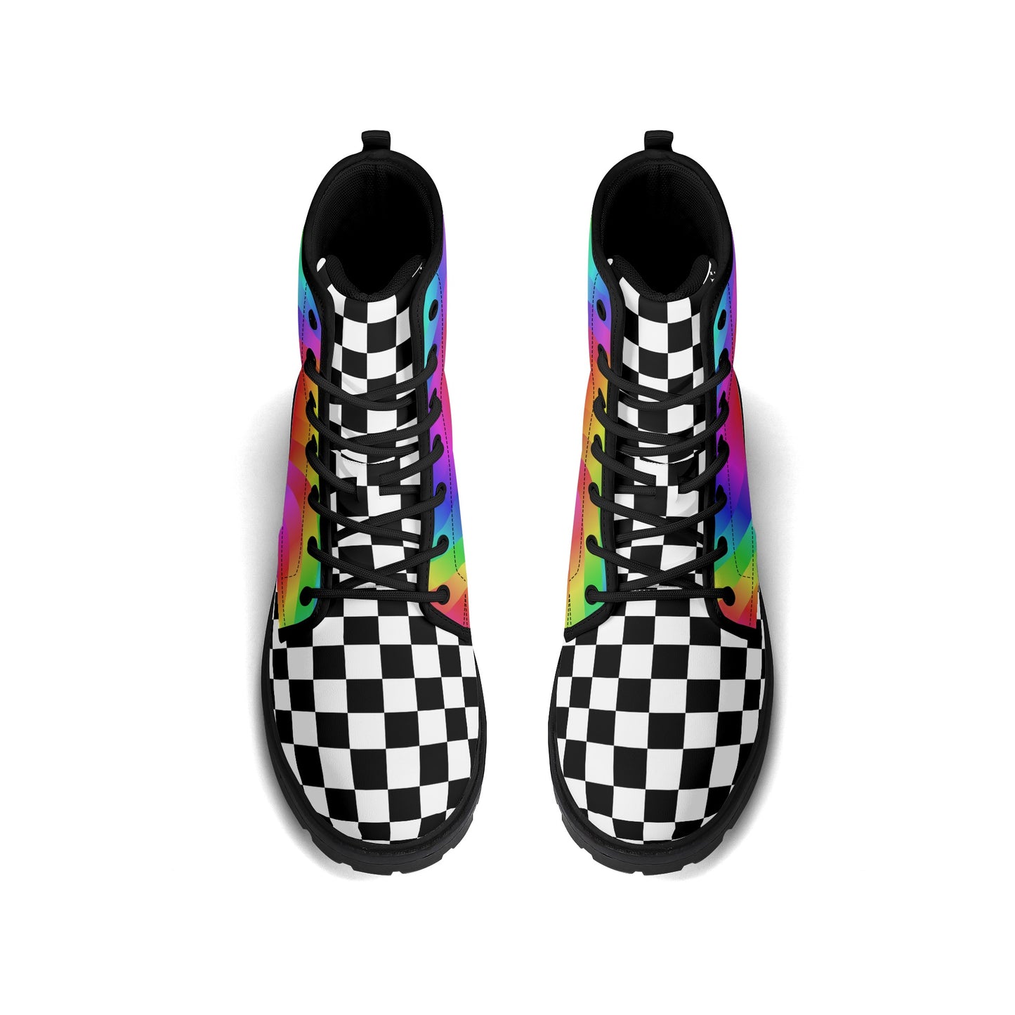 Wiggle Checkers Rainbow Combat Boots top down view