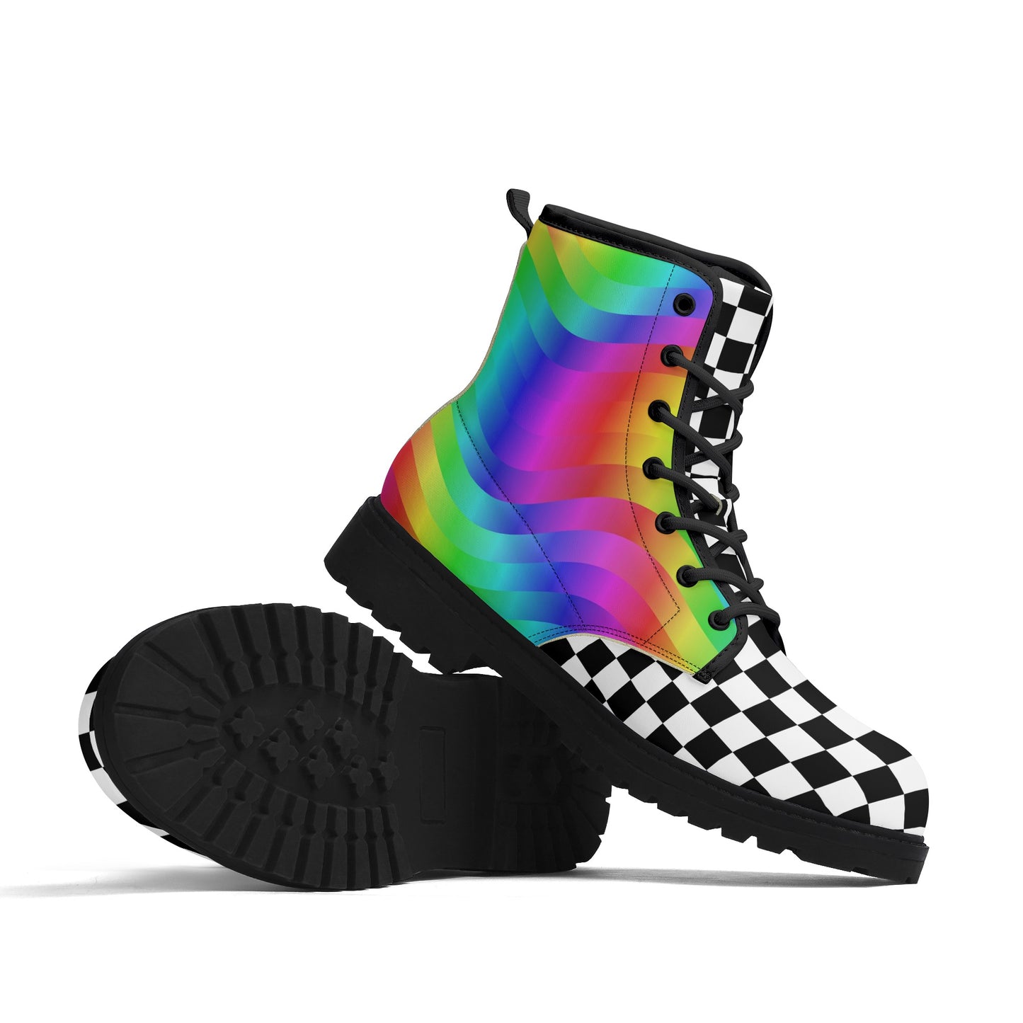 Wiggle Checker Rainbow Boots stacked showing the black lug sole