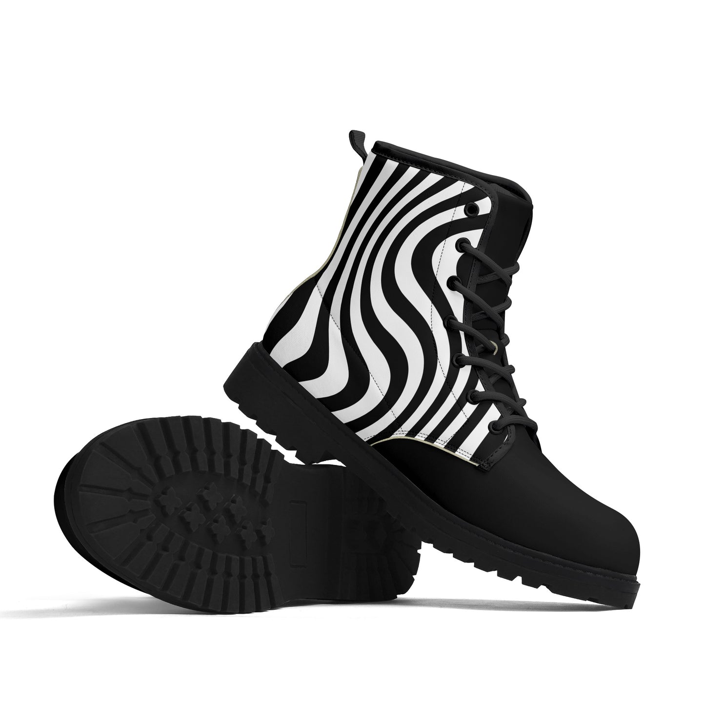 Zebra Wiggle Combat Boots-Whimsigoth Black and White Stripe Vegan