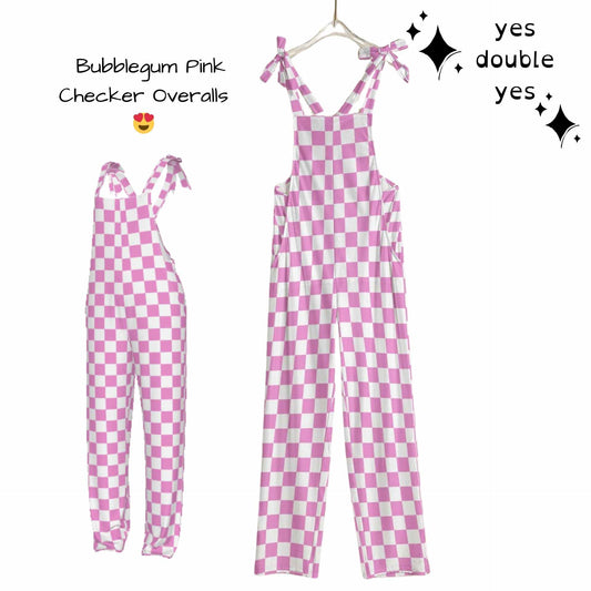 Bubblegum Pink Pastel Checkered Overalls | Soft Pink White Checkered Pattern Adult Womens Clowncore Cute Sweet