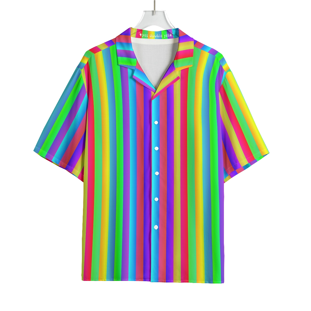 Fruit Stripe Shirt, Rainbow Rayon Boxy Hawaiian Tiki Summer Fun Festival Rave Gay Pride LGBTQ Button