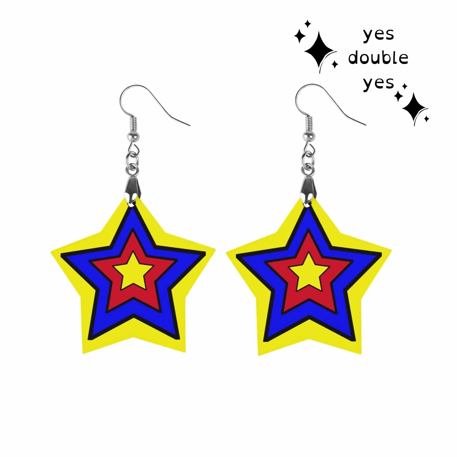 Primary Star Clowncore Earrings! Kidcore nostalgic colors red yellow blue star shape danglies