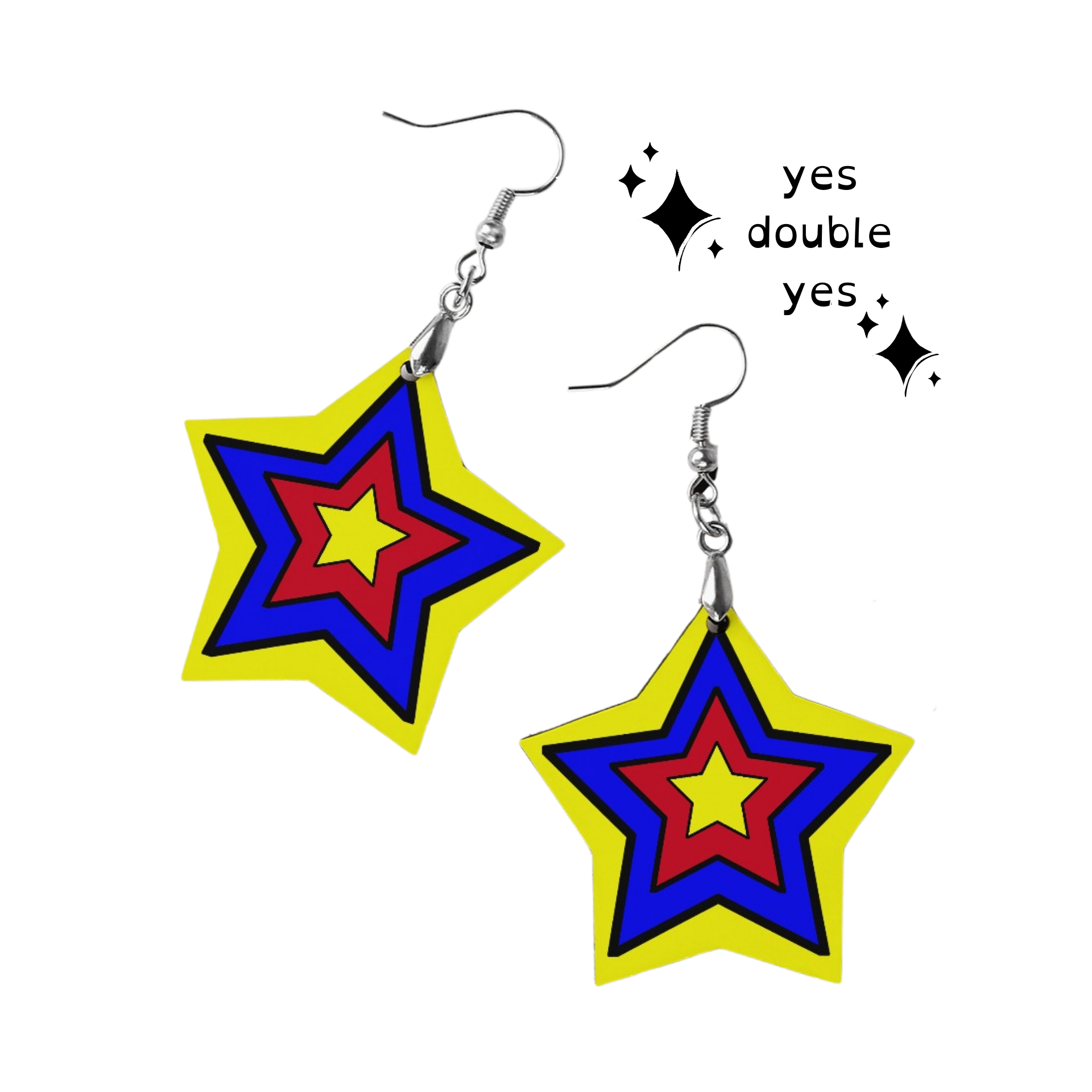 Primary Star Clowncore Earrings! Kidcore nostalgic colors red yellow blue star shape danglies