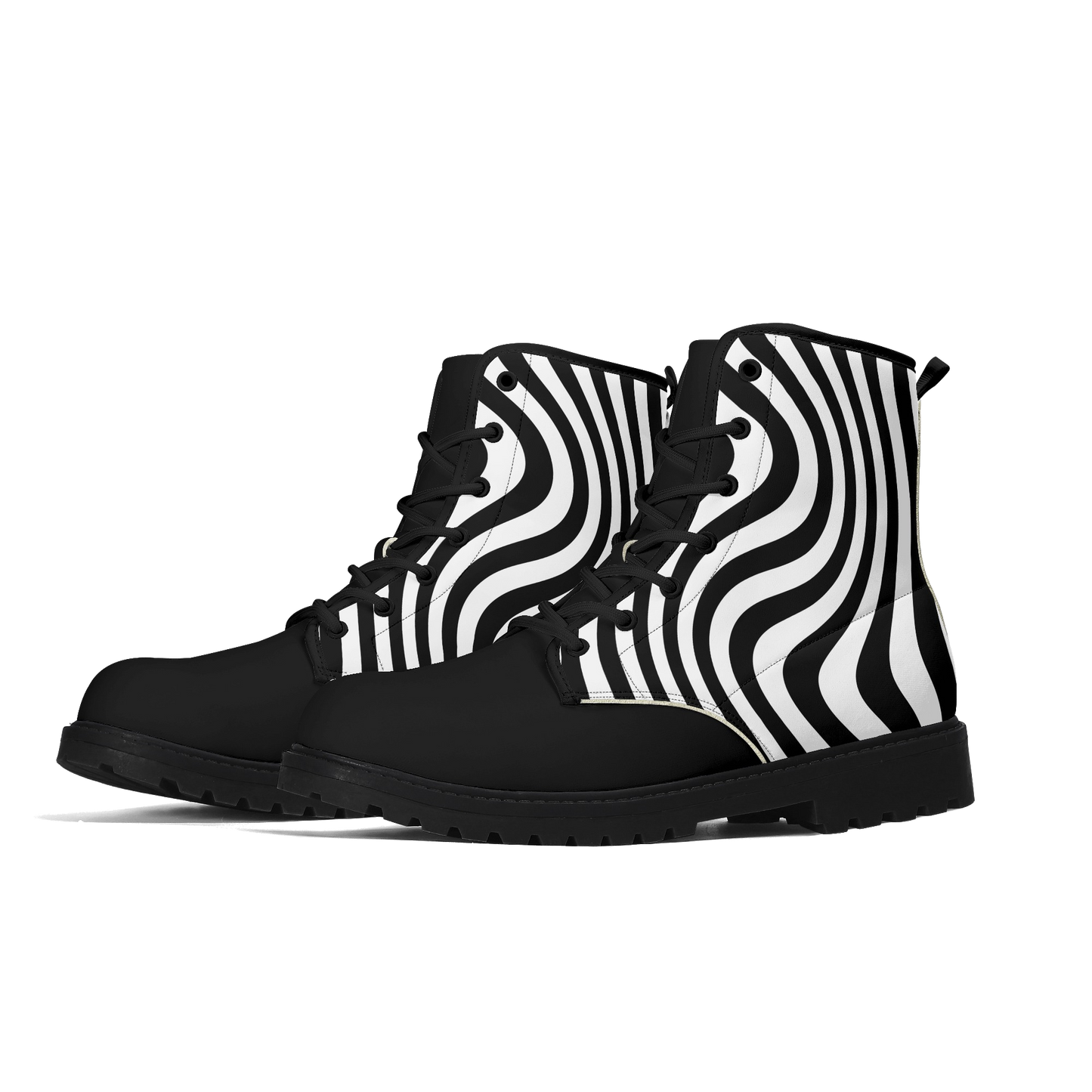 Zebra Wiggle Combat Boots-Whimsigoth Black and White Stripe Vegan