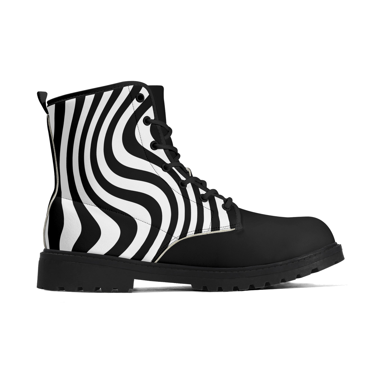 Zebra Wiggle Combat Boots-Whimsigoth Black and White Stripe Vegan