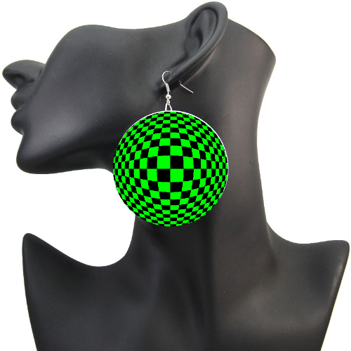 Optical illusion trippy checkerboard earrings in bright cyber lime green look 3D