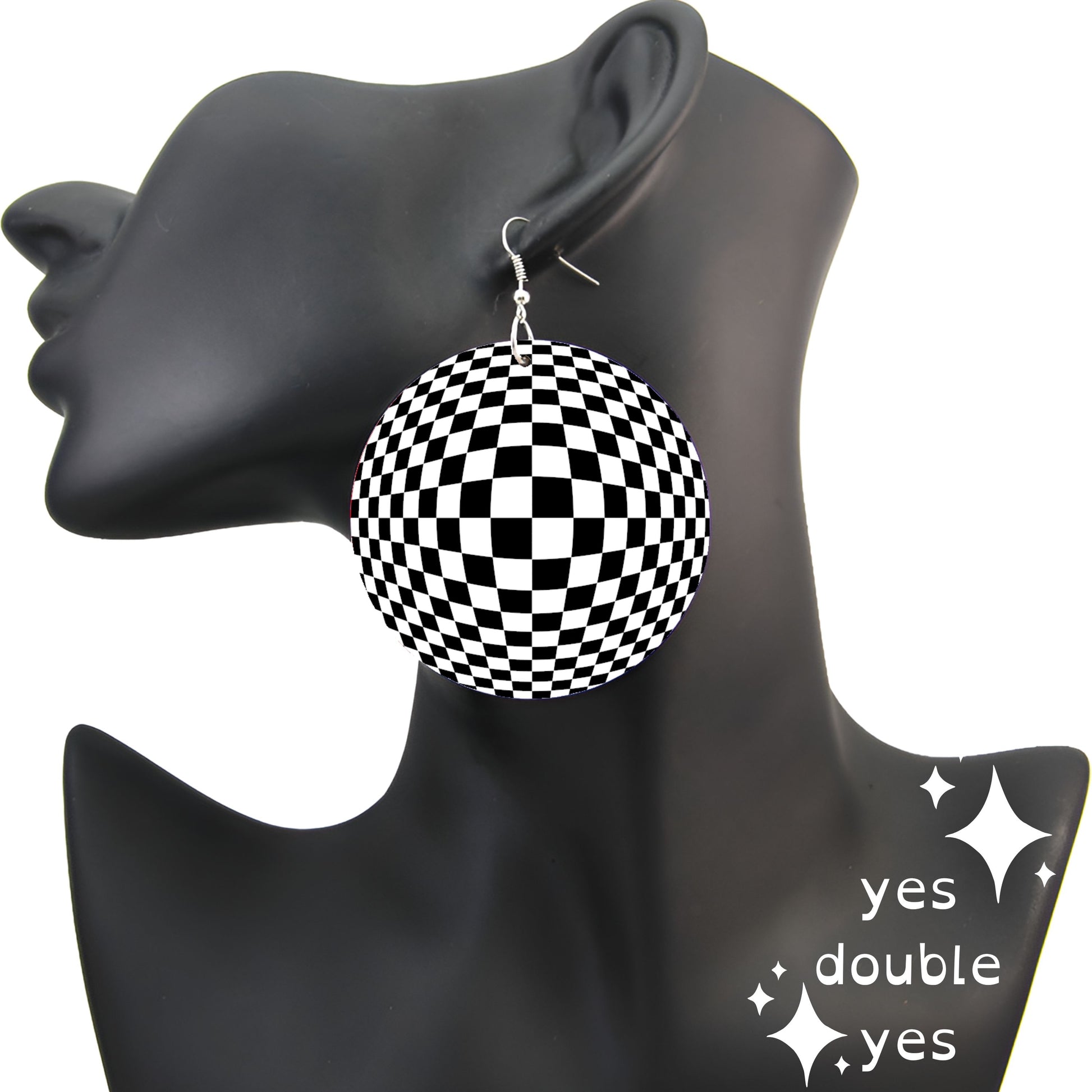 Black and White Optical illusion trippy checkerboard earrings look 3D! Festival rave dance wear