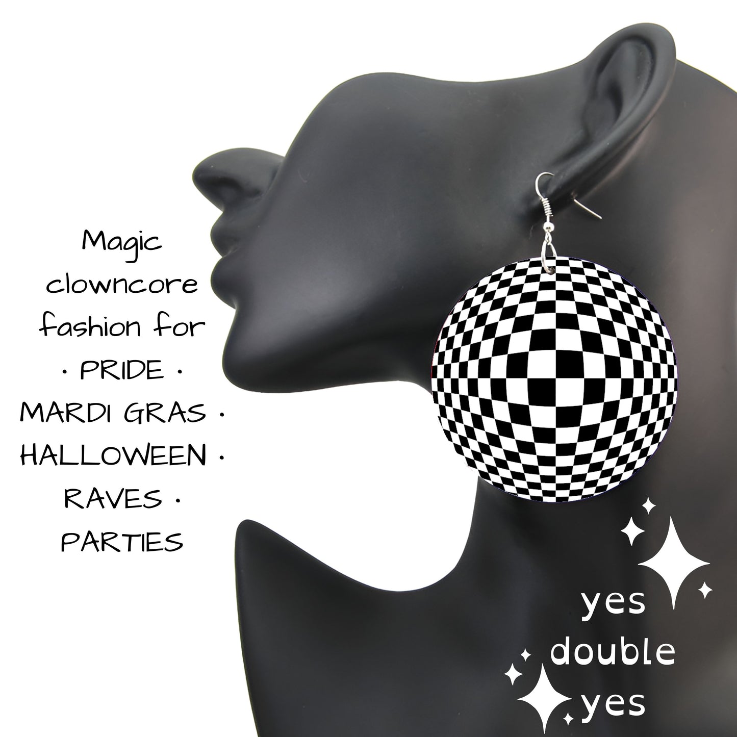 Black and White Optical illusion trippy checkerboard earrings look 3D! Festival rave dance wear