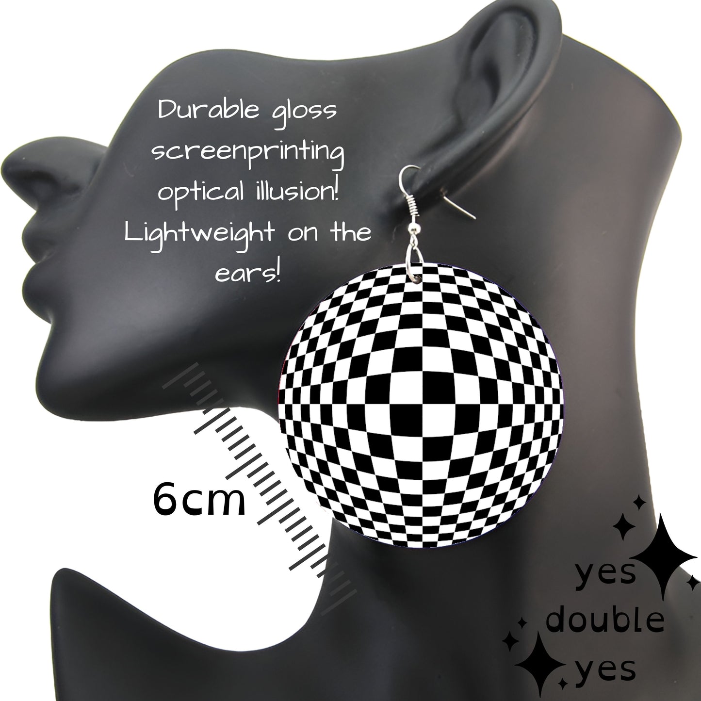 Black and White Optical illusion trippy checkerboard earrings look 3D! Festival rave dance wear