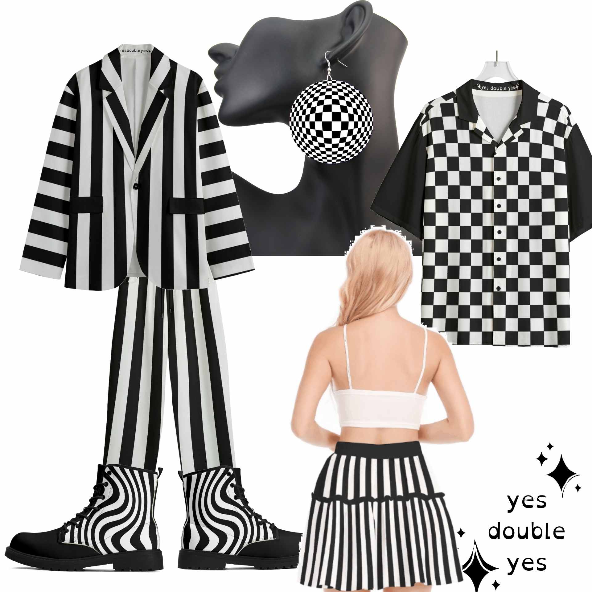 Black and white clowncore fashions by yesdoubleyes