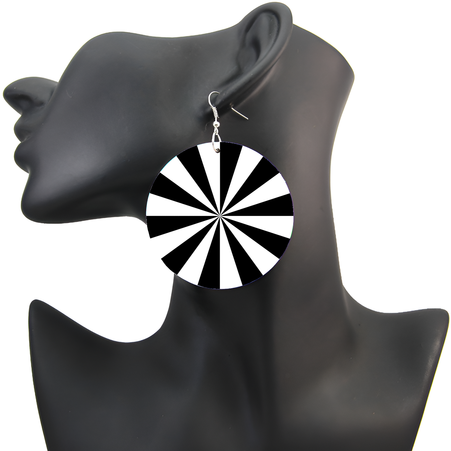 Hypnotic Burst Earrings Black White Ray Wheel Optical Pop Art Rave, Mod 60s Groovy Maximalist