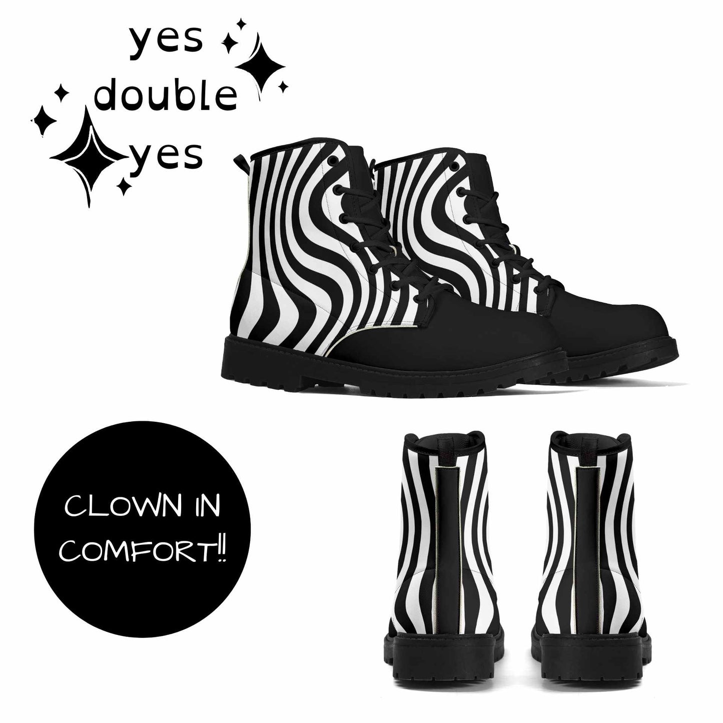 Zebra Wiggle Combat Boots-Whimsigoth Black and White Stripe Vegan