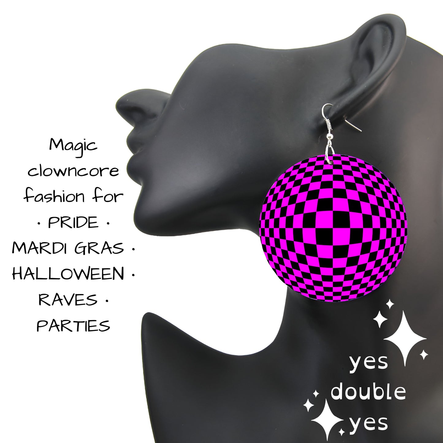 Optical illusion trippy checkerboard earrings look 3D! Cyber hot pink