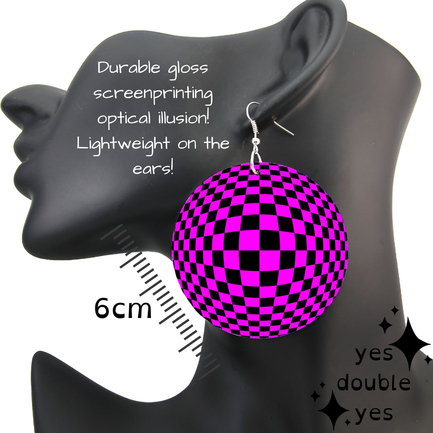 Optical illusion trippy checkerboard earrings look 3D! Cyber hot pink