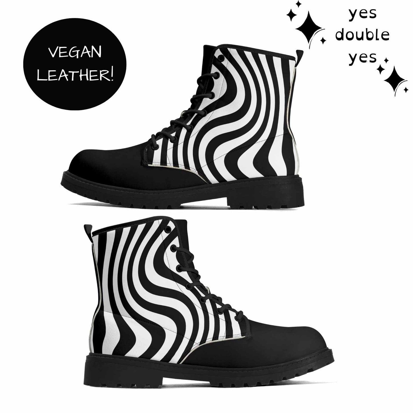 Zebra Wiggle Combat Boots-Whimsigoth Black and White Stripe Vegan