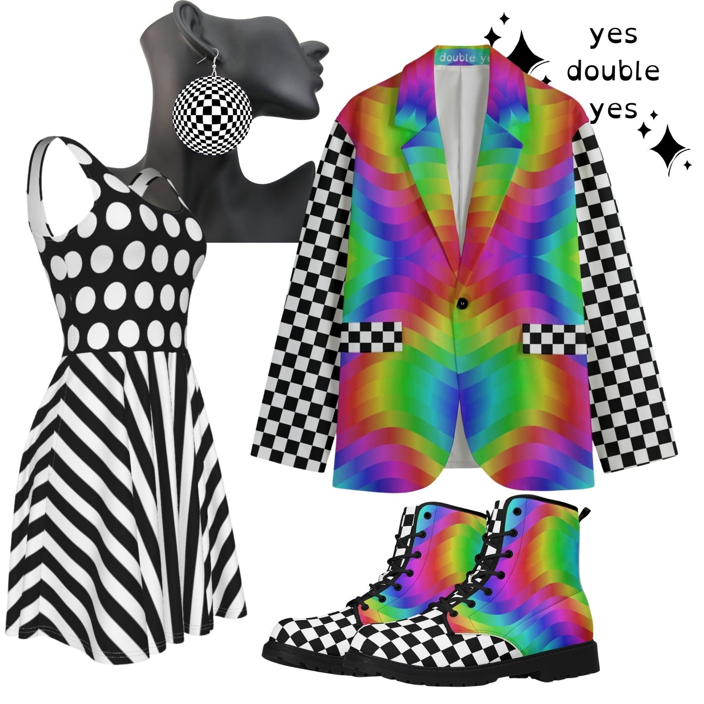 Rainbow Checkers Combat Boots Nonbinary Clowncore Adult Professional Clown Shoes Festival Footwear Circus Theme Alt Clothing Visual Decora