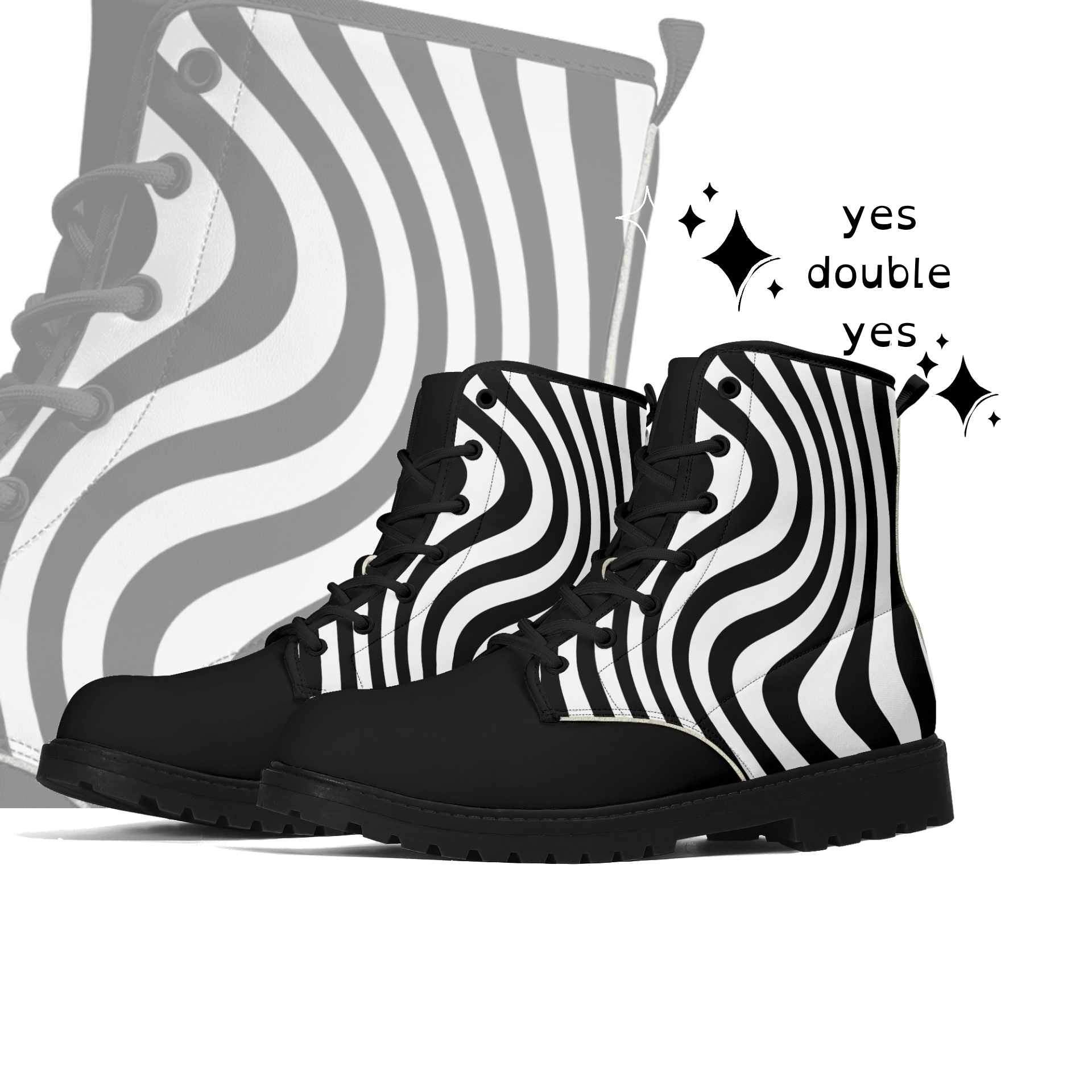 Zebra Wiggle Combat Boots-Whimsigoth Black and White Stripe Vegan Leather Clown Shoes Nonbinary Men Women