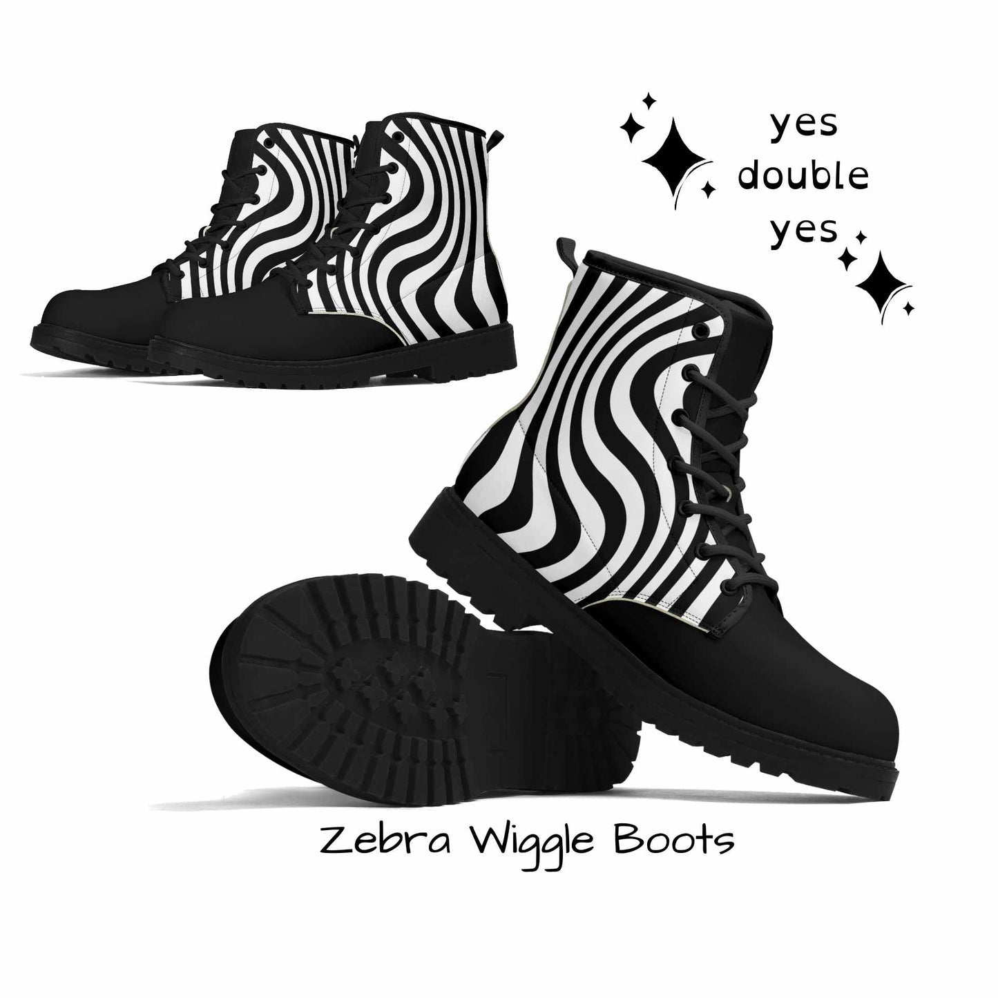 Zebra Wiggle Combat Boots-Whimsigoth Black and White Stripe Vegan Leather Clown Shoes Nonbinary Men Women