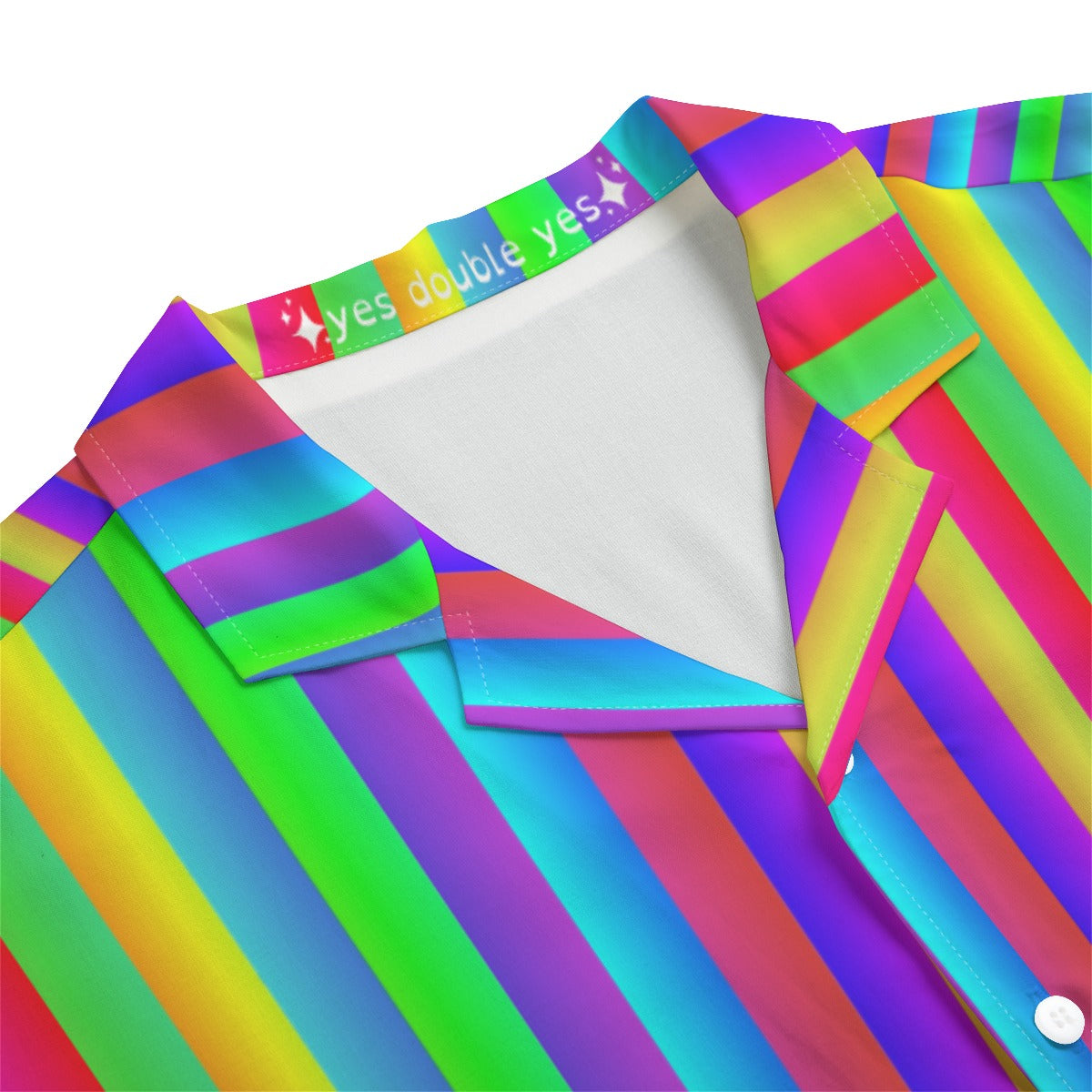 Fruit Stripe Shirt, Rainbow Rayon Boxy Hawaiian Tiki Summer Fun Festival Rave Gay Pride LGBTQ Button