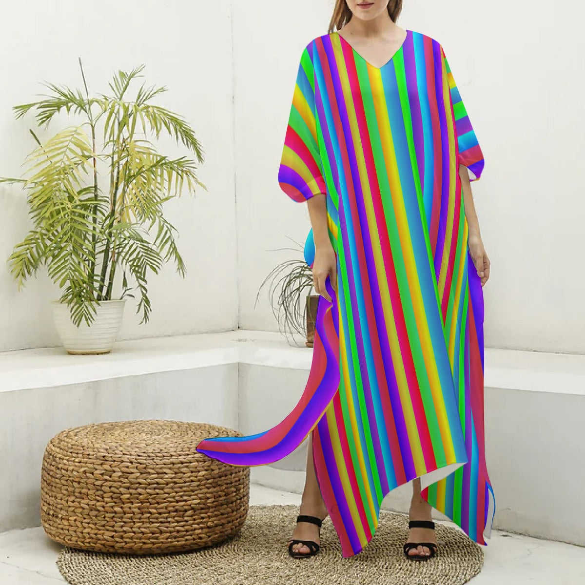 Fruit Stripes Satin Caftan Rainbow Fairy Coat of Many Colors Coverup Summer Fun Clowncore Maximalist