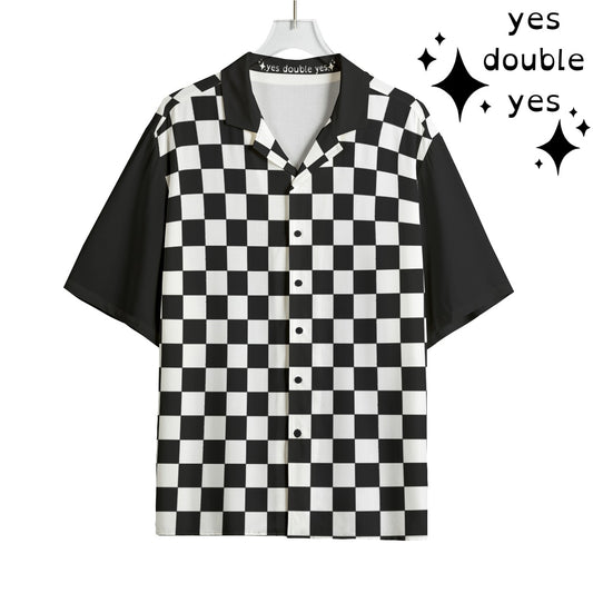 Check Buttondown Shirt Rayon Hawaiian Clowncore High Contrast Checkerboard Design Top Race Day Fun S