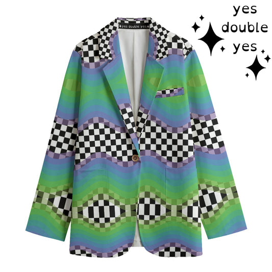 Barney Check Sport Coat, Cotton Formal Blazer Mardi Gras Outfit Festive Weirdcore Clowncore Trippy Wavy Green Purple Checkered Womens Jacket