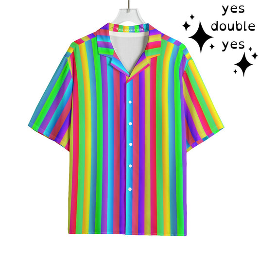 Fruit Stripe Shirt, Rainbow Rayon Boxy Hawaiian Tiki Summer Fun Festival Rave Gay Pride LGBTQ Button